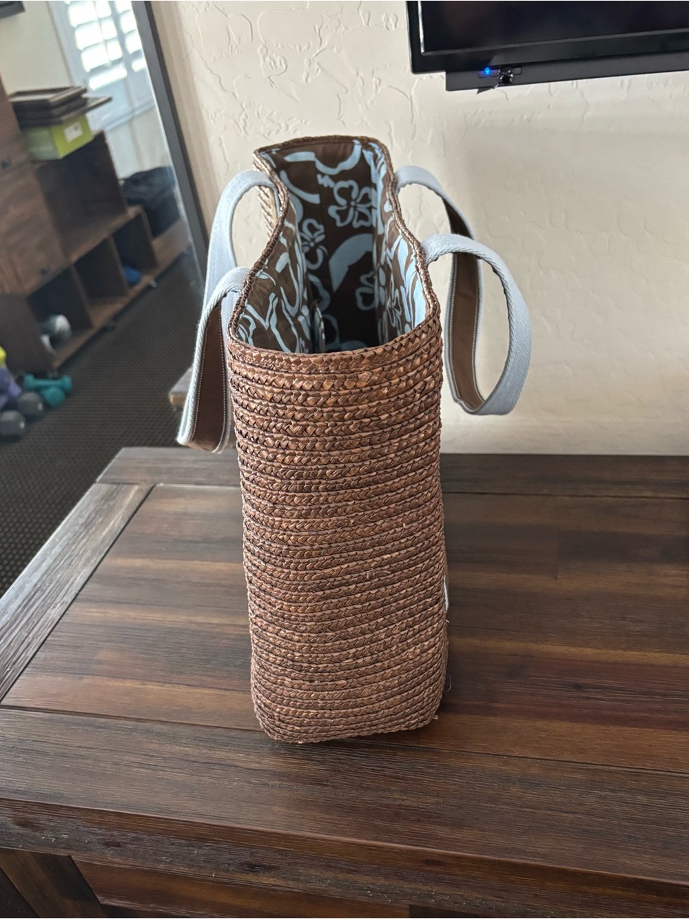 Woven Brown Tote Bag with White Straps and Light Blue Floral Lining - Picture 2 of 4